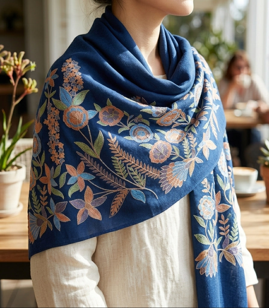 Charming Chinar - Fine Cashmere Wool Shawl with Intricate Silk Embroidery