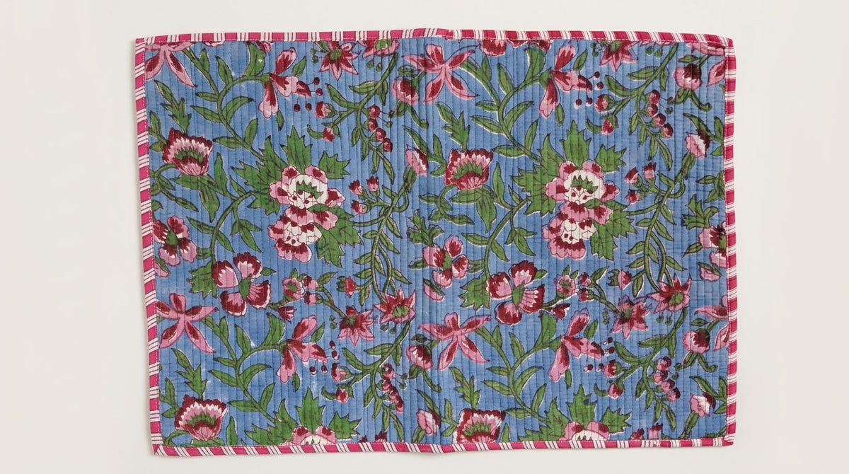Blue Garden - Block Printed, Reversible, Quilted Cotton Placemats