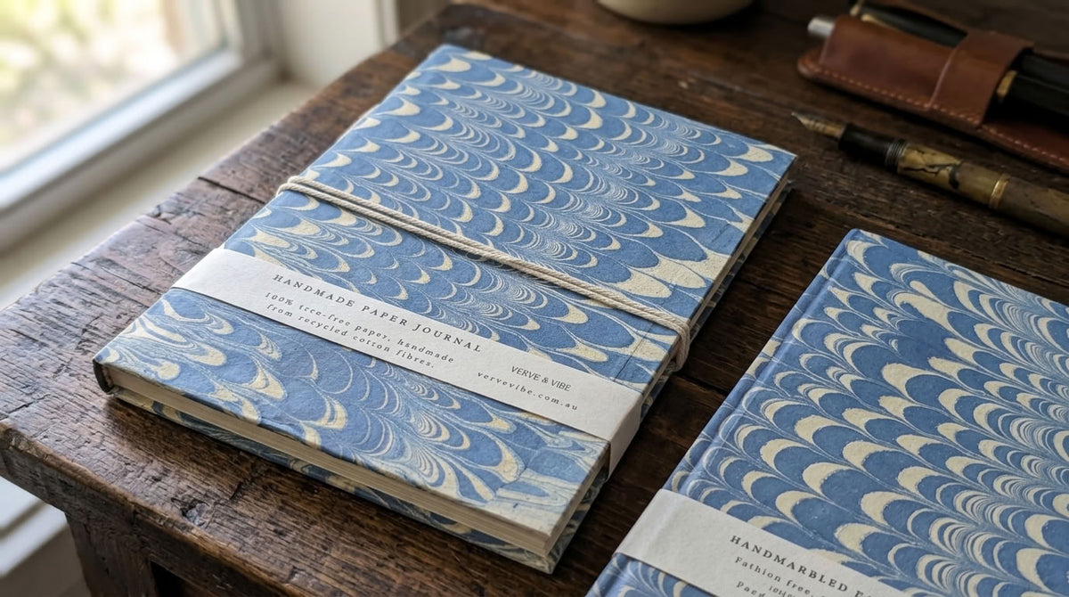 Indigo Crests -  Marbled Cover, Handmade Journal & Notebook