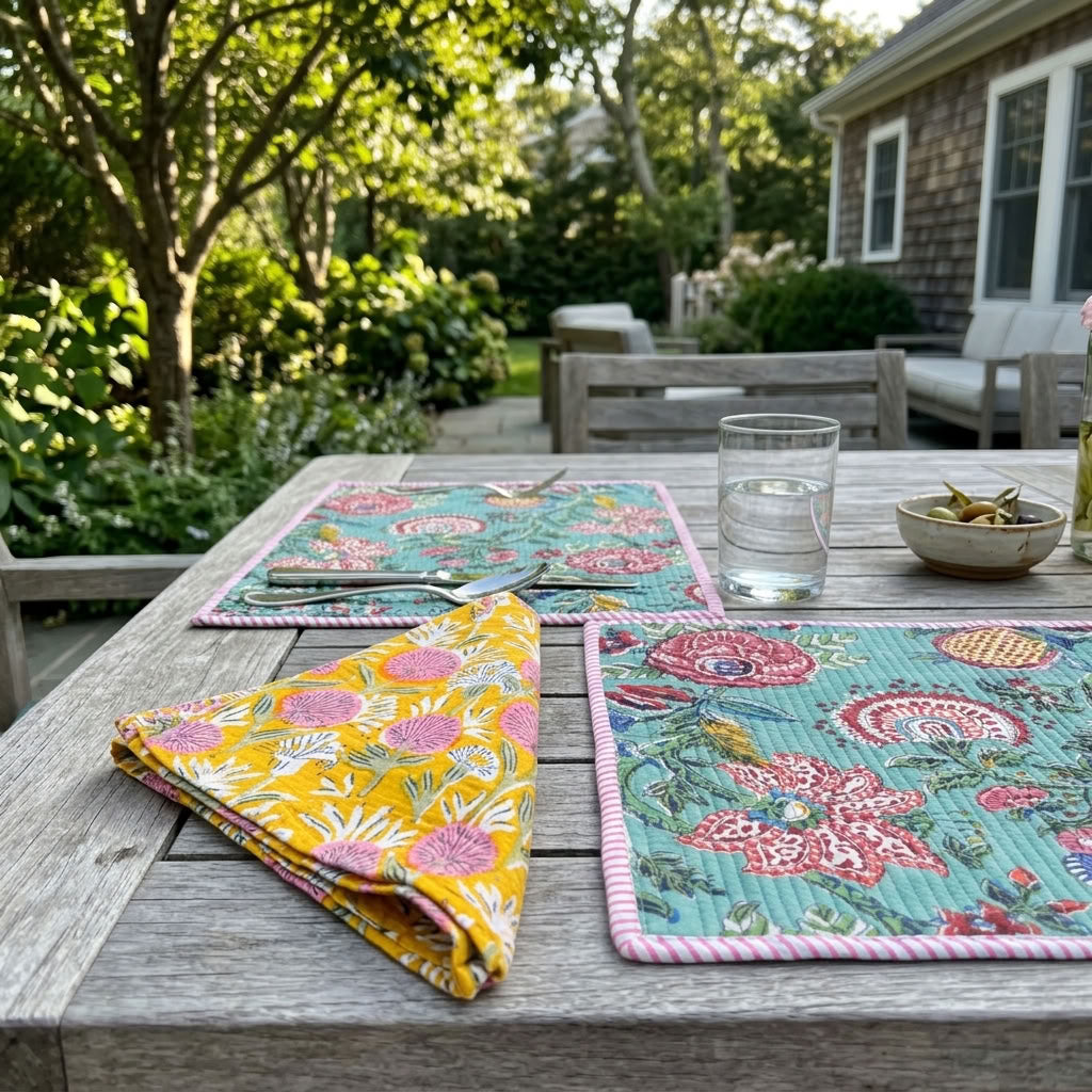 Garden Rhapsody - Block Printed, Reversible, Quilted Cotton Placemats
