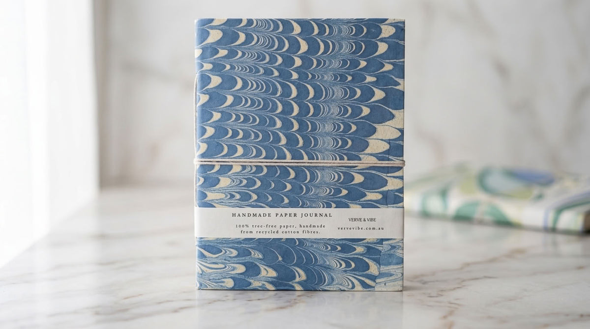 Indigo Crests -  Marbled Cover, Handmade Journal & Notebook
