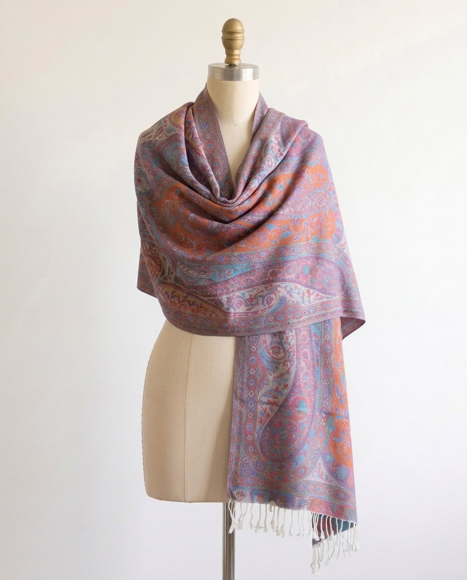 Kashmiri Motif - Reversible Shawl with Intricate Jacquard Kani Weave & Tassels