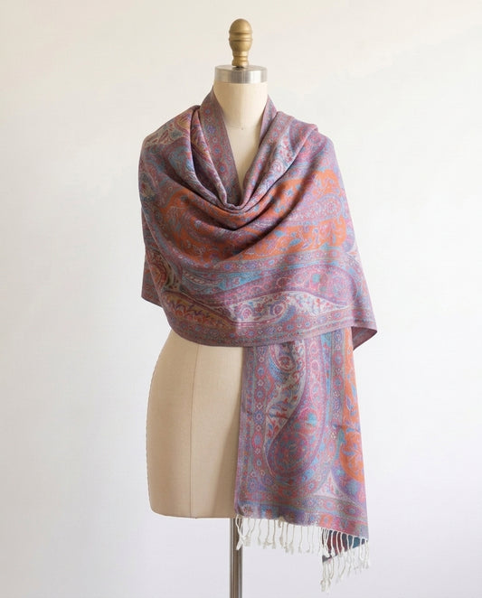Kashmiri Motif - Reversible Shawl with Intricate Jacquard Kani Weave & Tassels