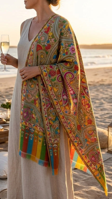 Stunning Kalamkari – Fine Cashmere Wool Shawl with Hand-Block Printing & Embroidery