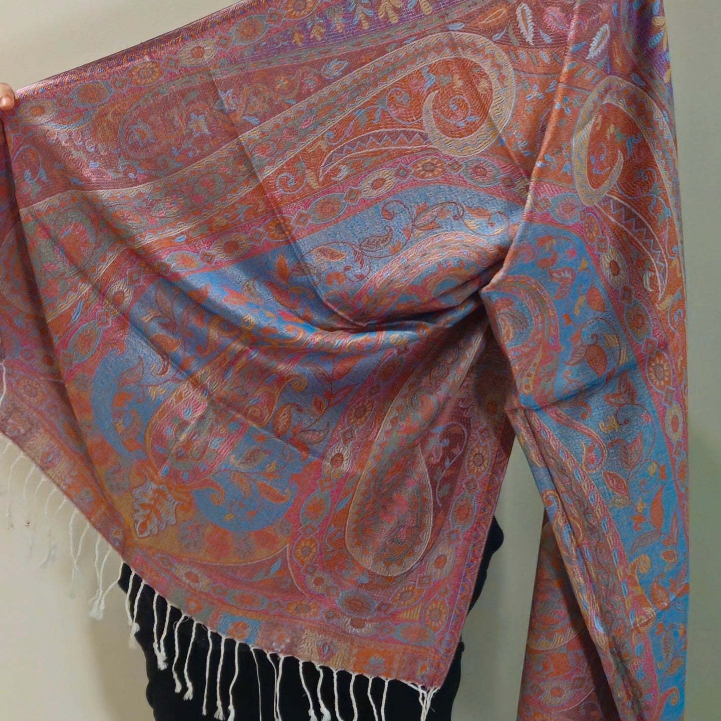 Kashmiri Motif - Reversible Shawl with Intricate Jacquard Kani Weave & Tassels