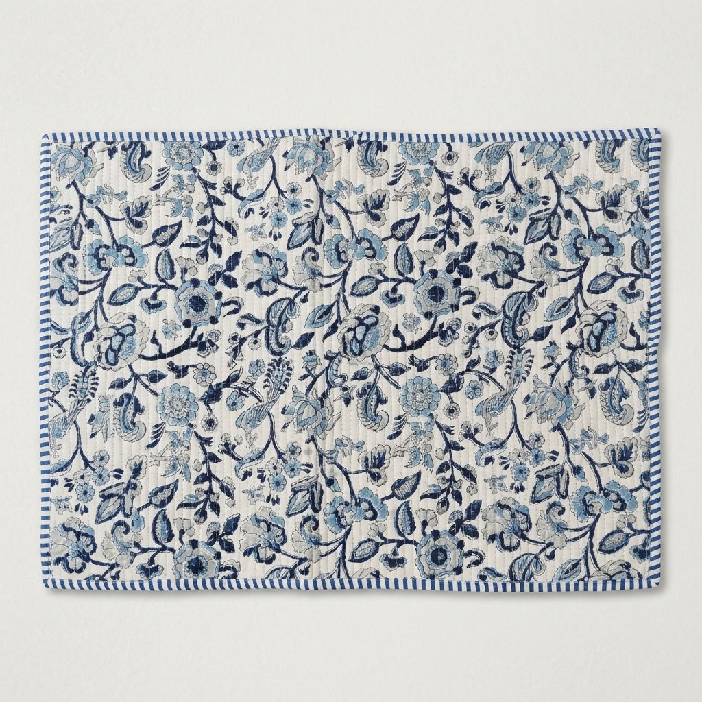 Blue Porcelain - Block Printed, Reversible, Quilted Cotton Placemats