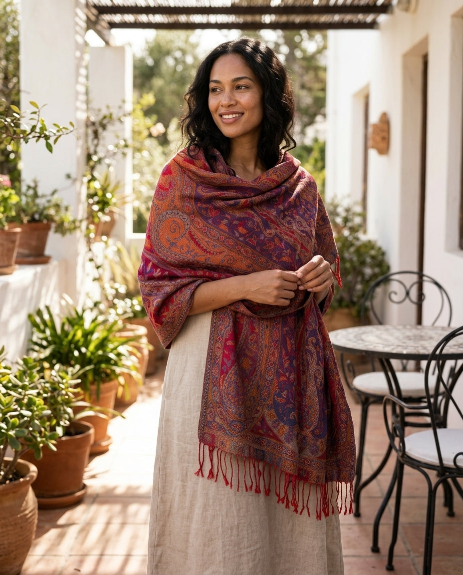 Kashmiri Motif - Reversible Shawl with Intricate Jacquard Kani Weave & Tassels