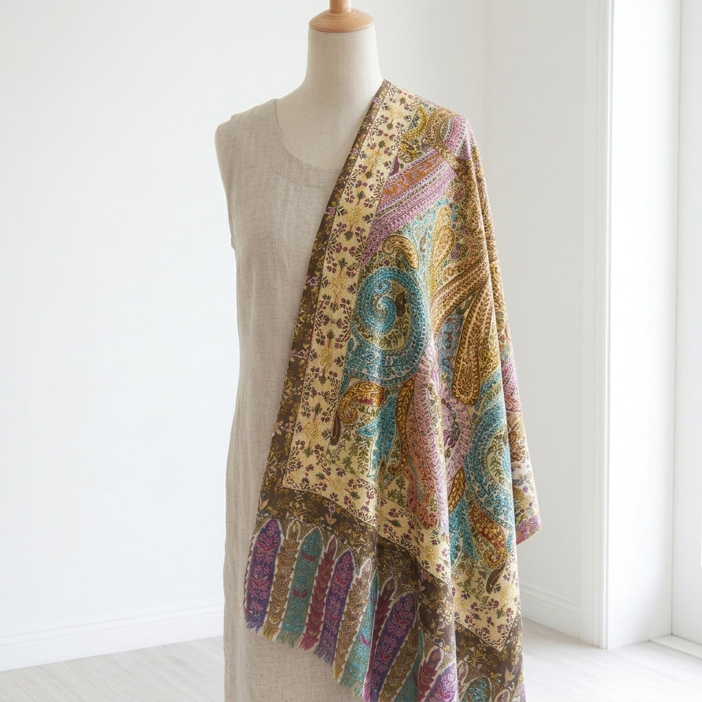 Stunning Kalamkari – Fine Cashmere Wool Shawl with Hand-Block Printing & Embroidery