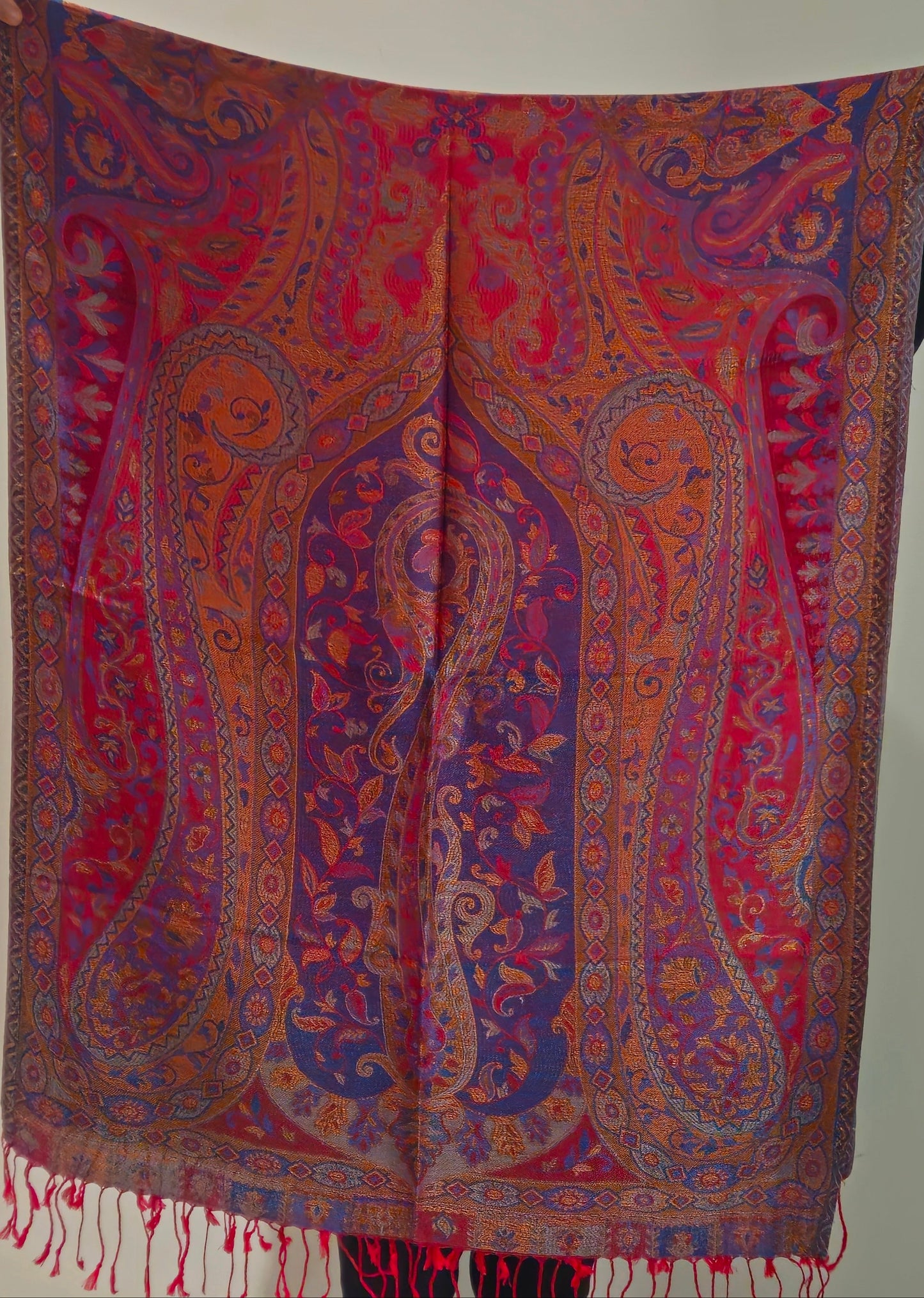 Kashmiri Motif - Reversible Shawl with Intricate Jacquard Kani Weave & Tassels