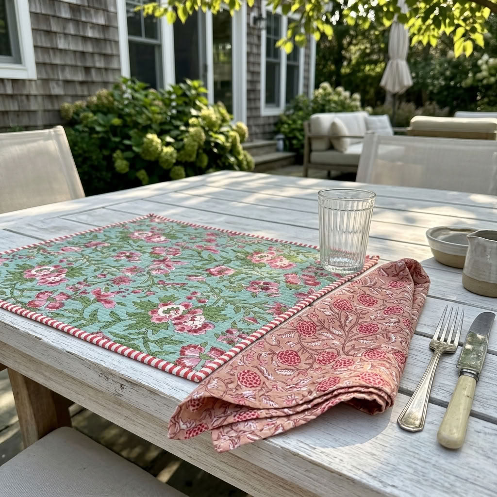 Flora Fiesta - Block Printed, Reversible, Quilted Cotton Placemats