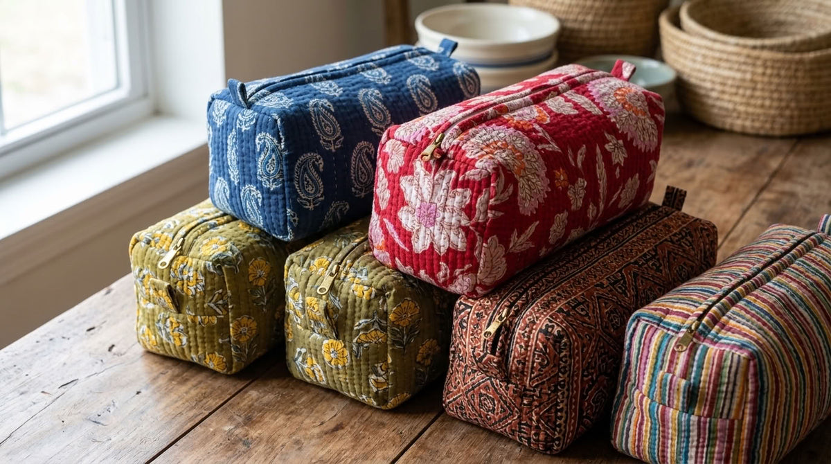 Pretty & Practical - Hand Block Printed, Quilted Toiletries Pouch