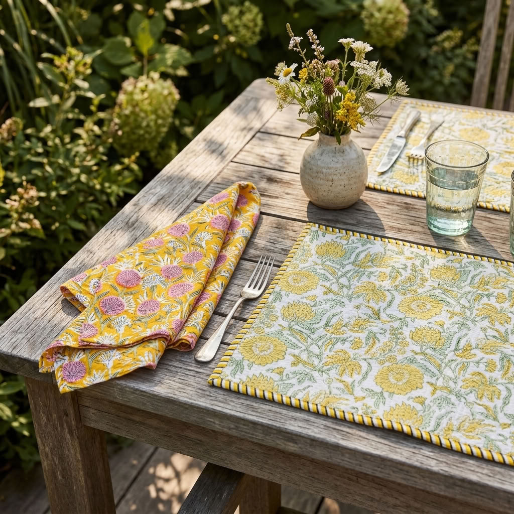 Sunshine Parterre - Block Printed, Reversible, Quilted Cotton Placemats
