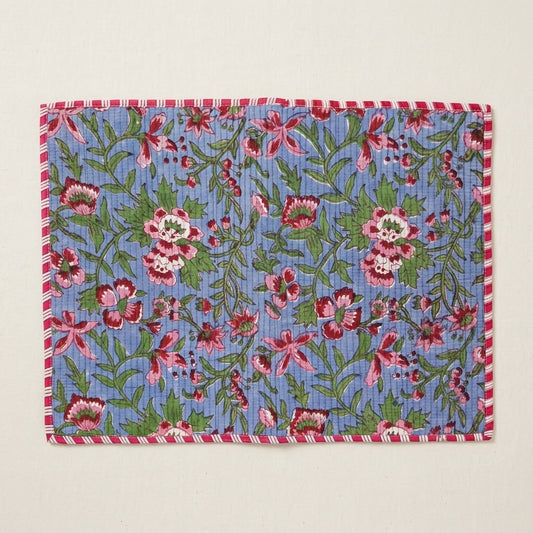 Blue Garden - Block Printed, Reversible, Quilted Cotton Placemats