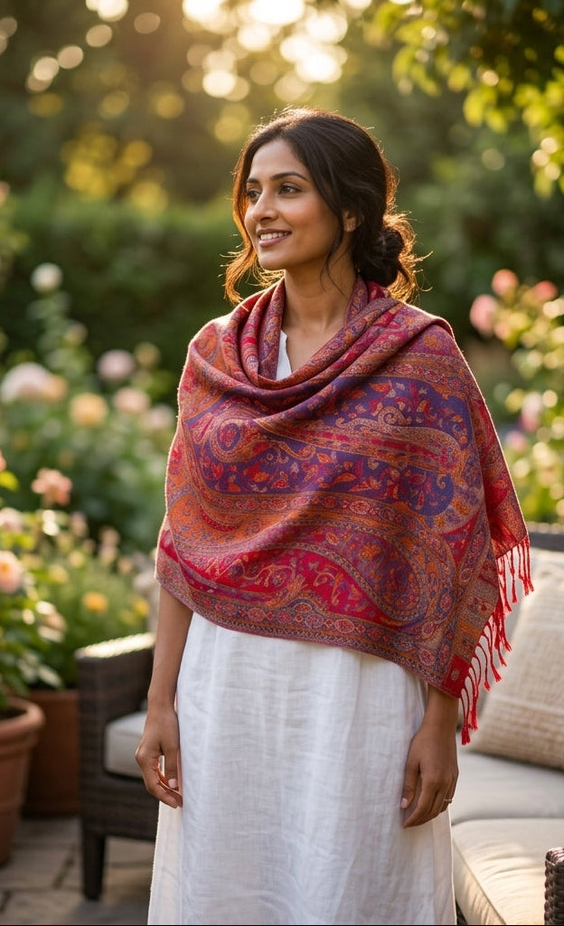Kashmiri Motif - Reversible Shawl with Intricate Jacquard Kani Weave & Tassels