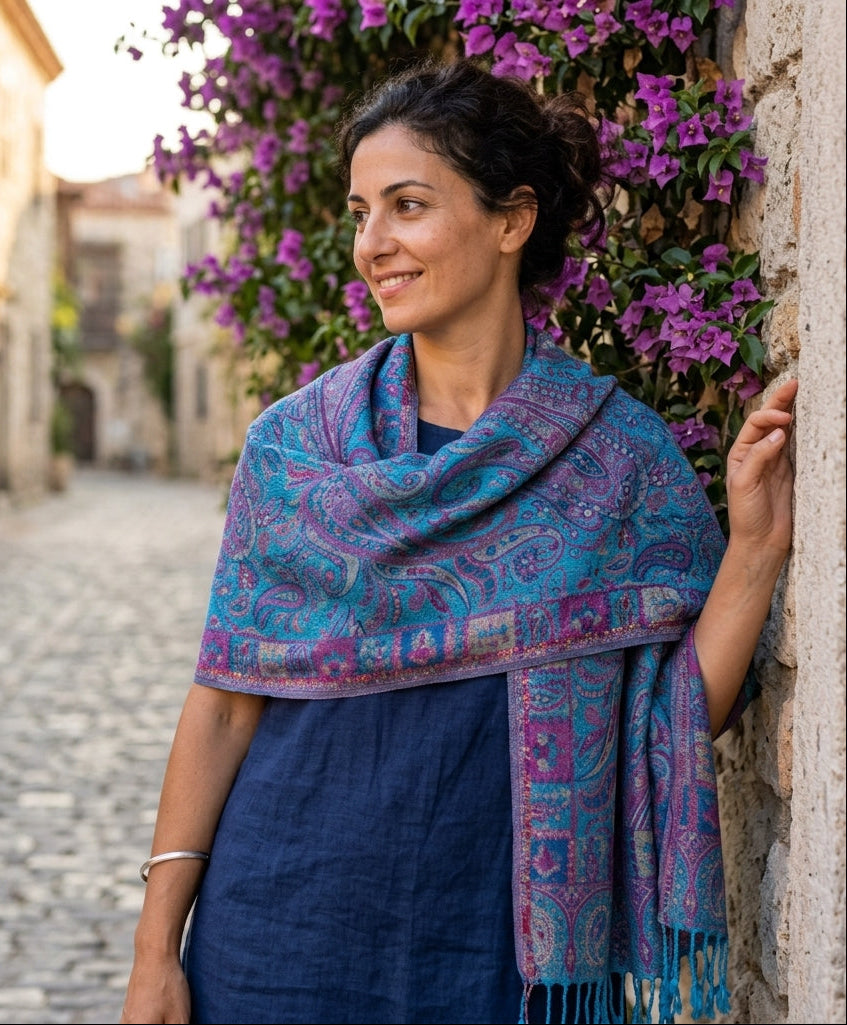 Kashmiri Motif - Reversible Shawl with Intricate Jacquard Kani Weave & Tassels