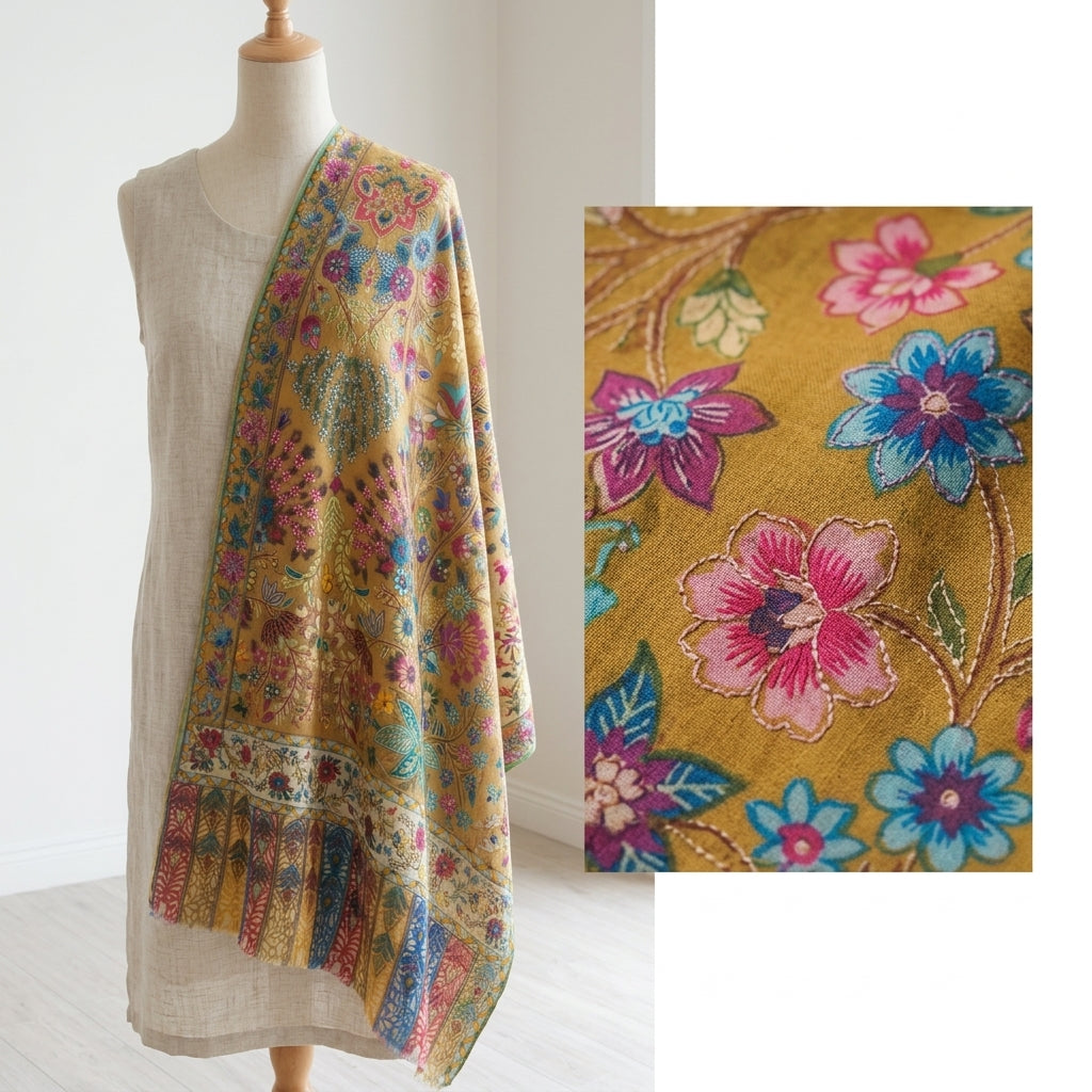 Stunning Kalamkari – Fine Cashmere Wool Shawl with Hand-Block Printing & Embroidery