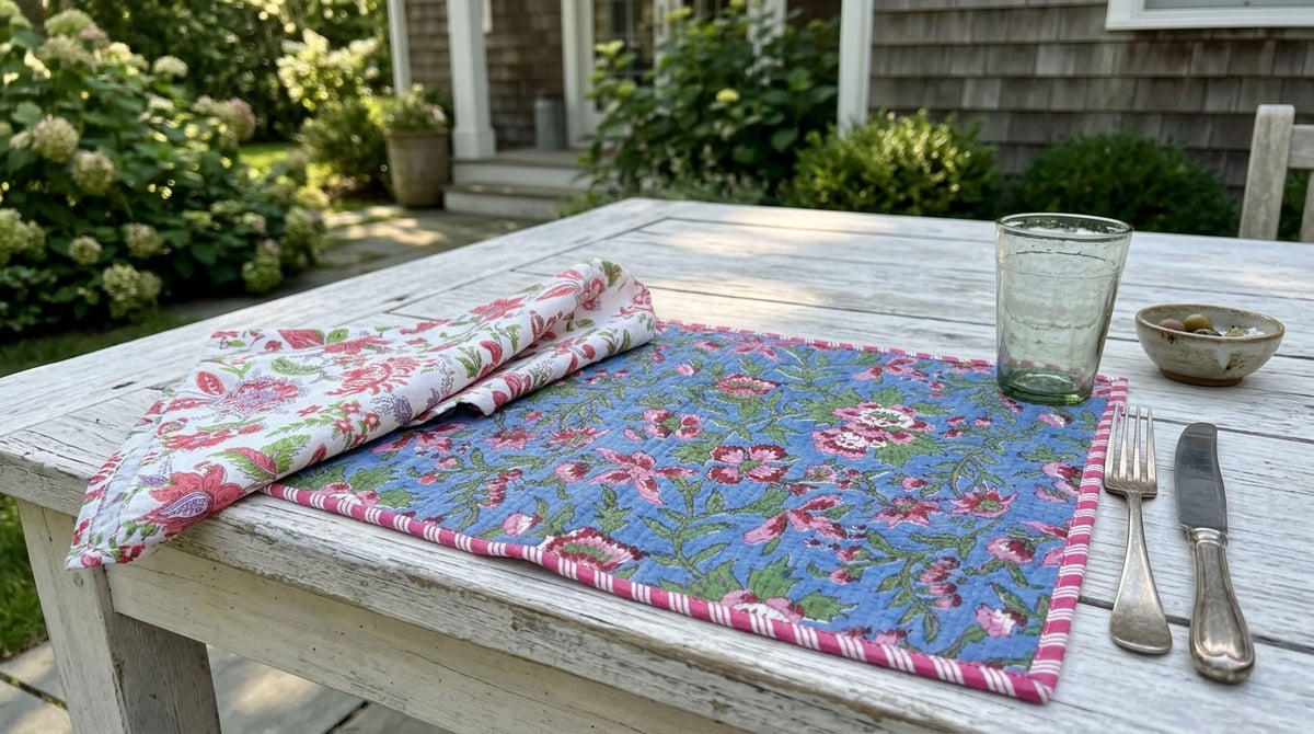 Blue Garden - Block Printed, Reversible, Quilted Cotton Placemats