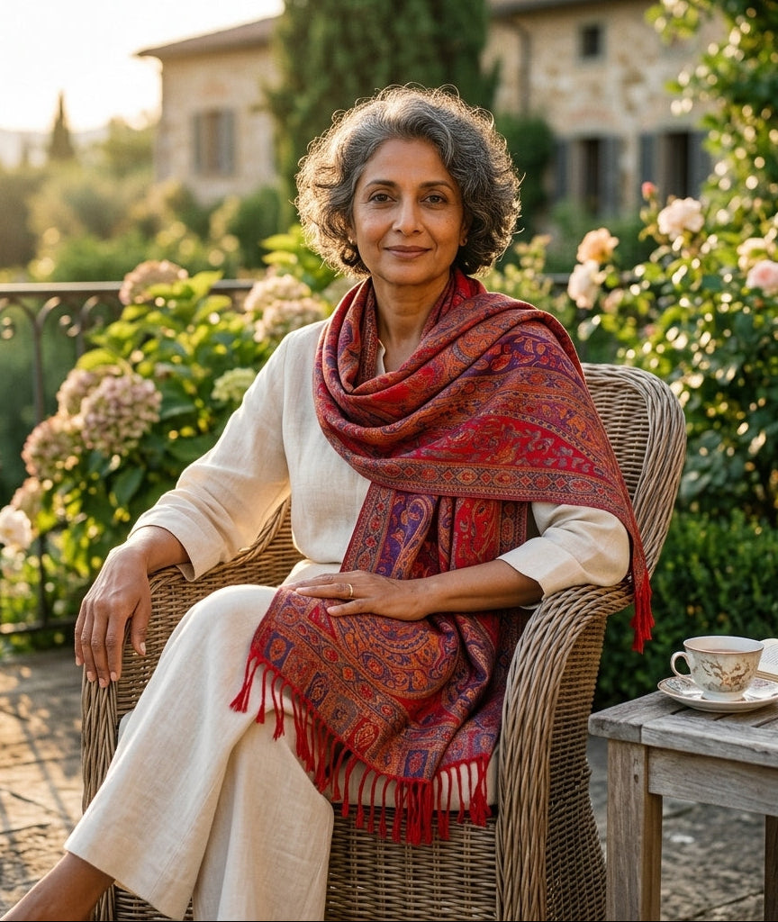 Kashmiri Motif - Reversible Shawl with Intricate Jacquard Kani Weave & Tassels
