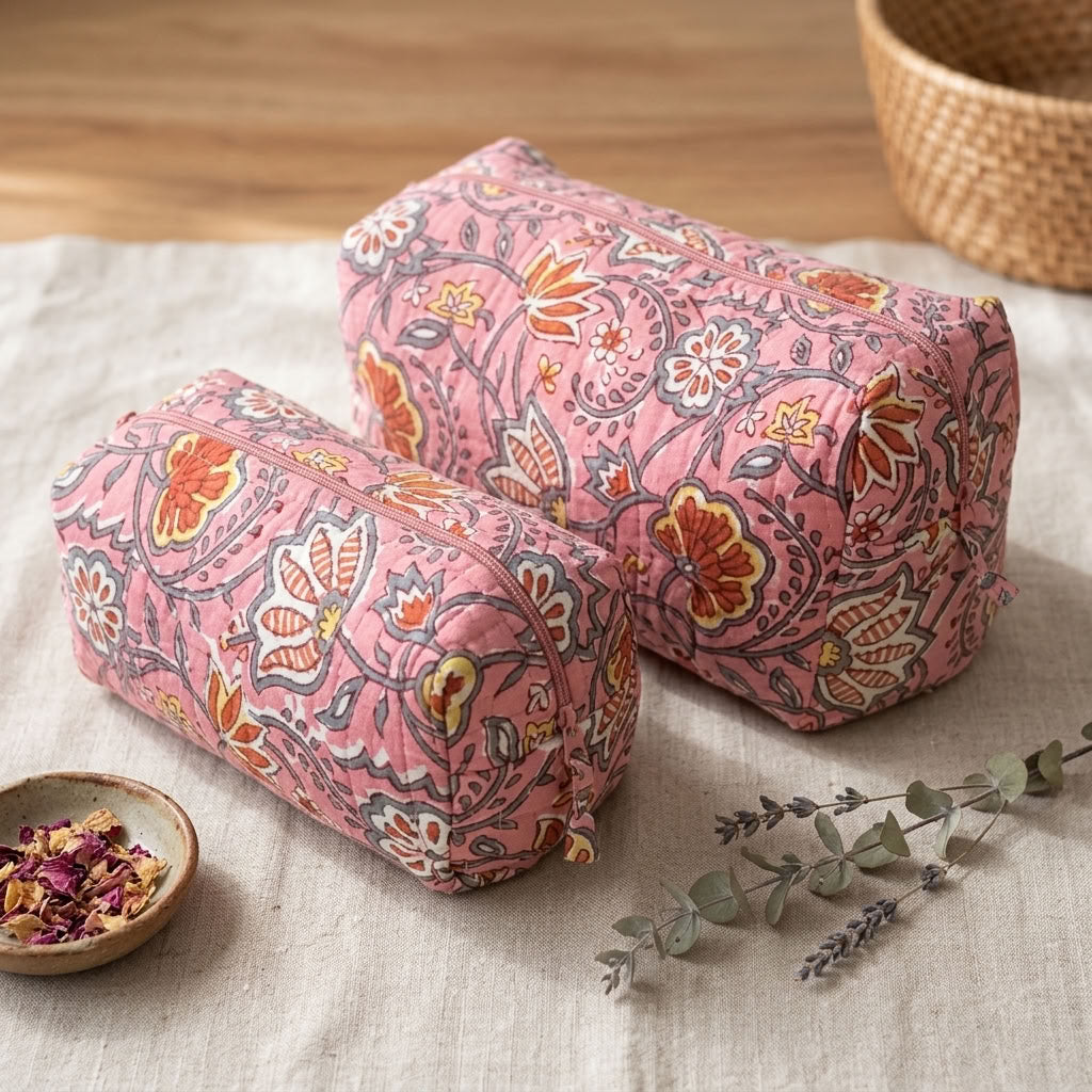 The Mélange - Hand-block Printed Quilted Makeup Bag | Cosmetic Pouch