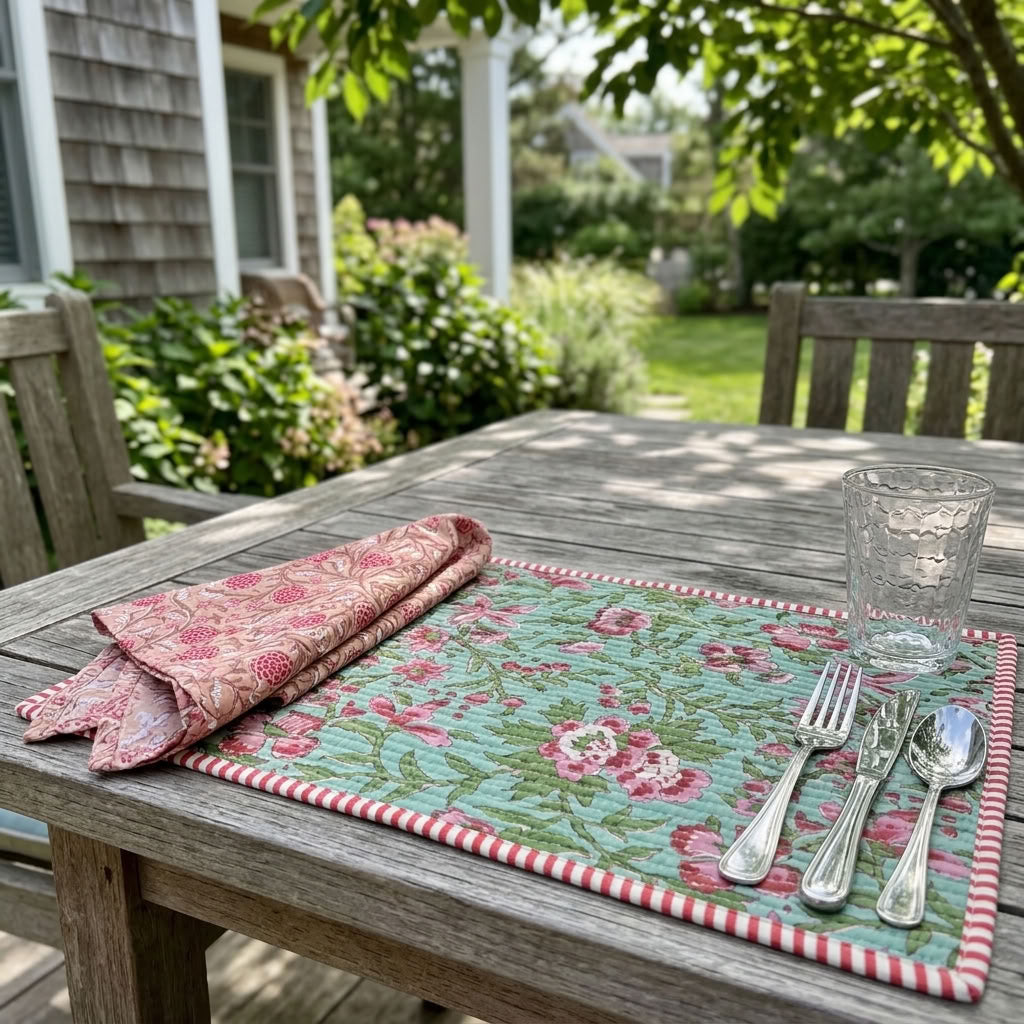 Flora Fiesta - Block Printed, Reversible, Quilted Cotton Placemats