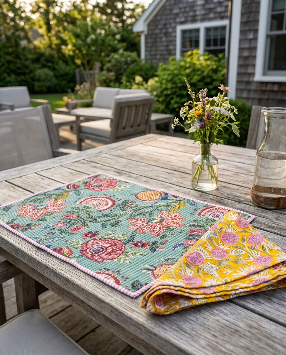 Garden Rhapsody - Block Printed, Reversible, Quilted Cotton Placemats