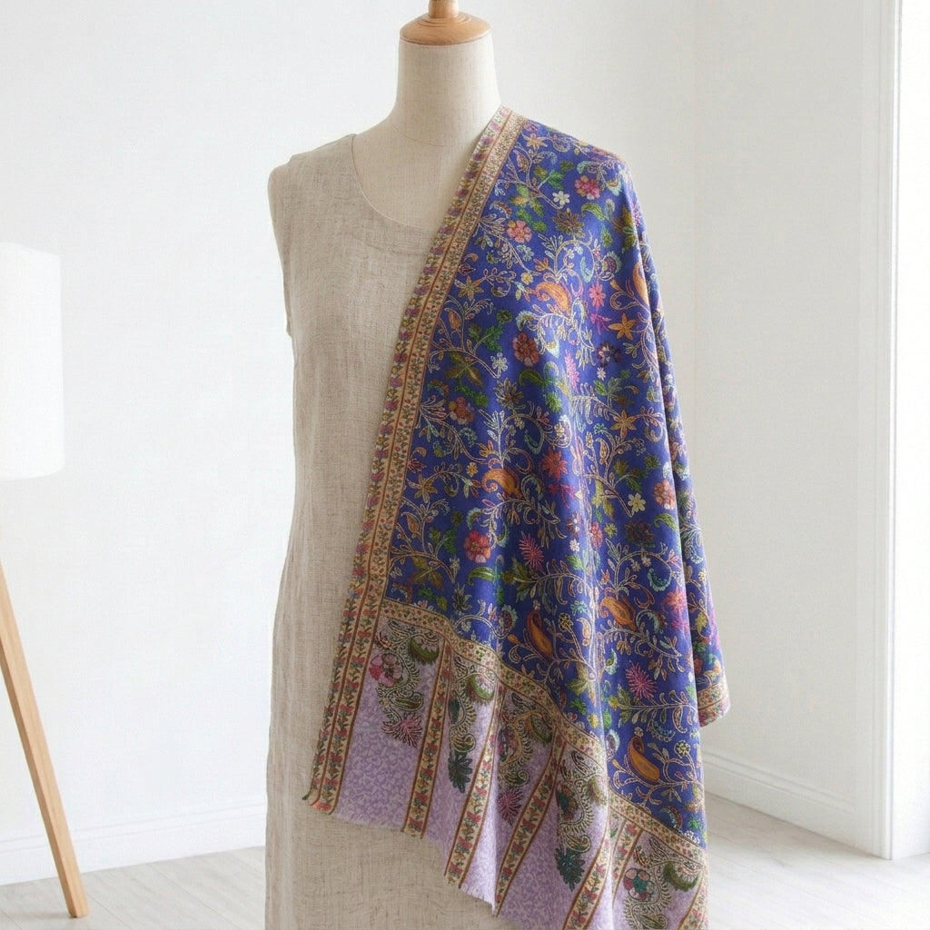 Stunning Kalamkari – Fine Cashmere Wool Shawl with Hand-Block Printing & Embroidery
