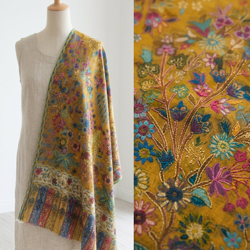 Stunning Kalamkari – Fine Cashmere Wool Shawl with Hand-Block Printing & Embroidery
