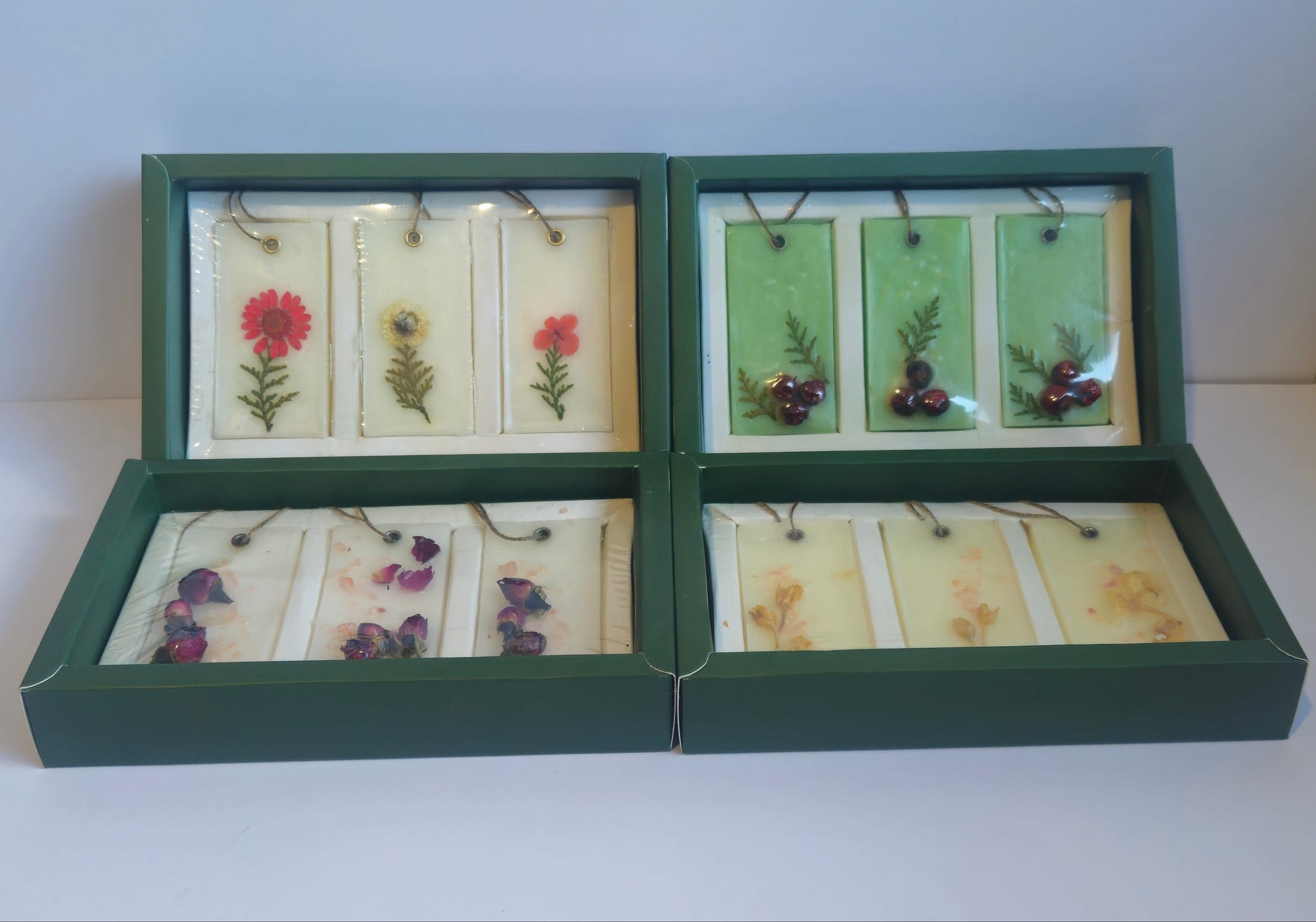 Set of botanical cards in a green box on a white surface