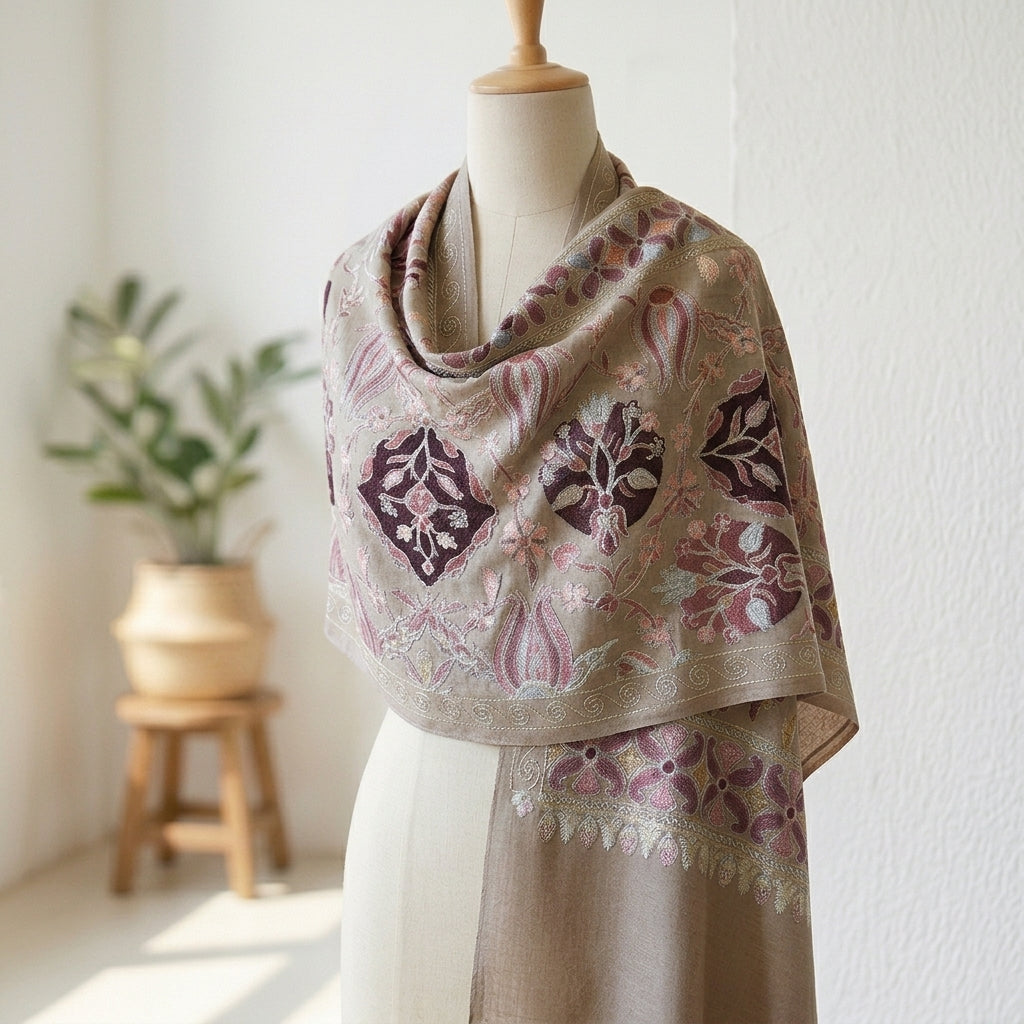Heritage Nalki - Fine Cashmere Wool Shawl with Intricate Silk Embroidery