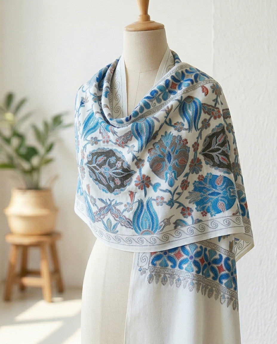 Heritage Nalki - Fine Cashmere Wool Shawl with Intricate Silk Embroidery