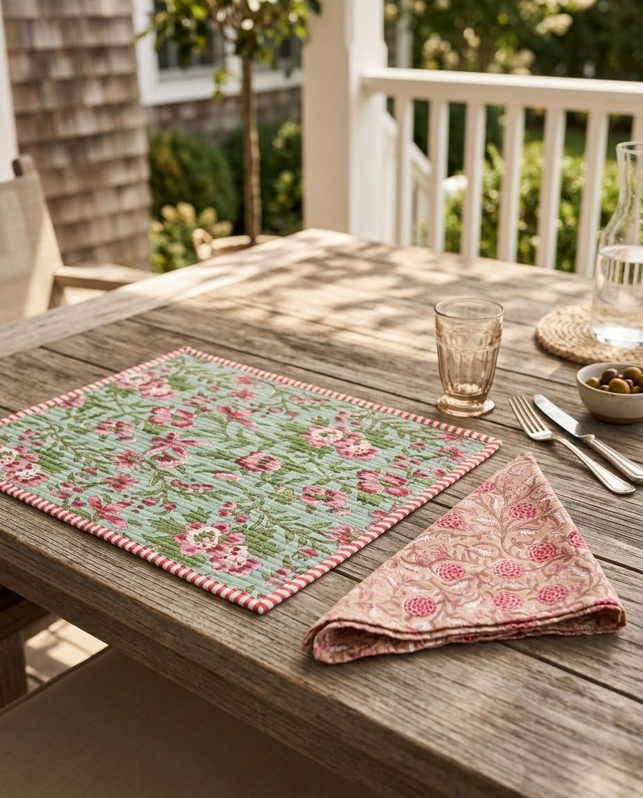 Flora Fiesta - Block Printed, Reversible, Quilted Cotton Placemats