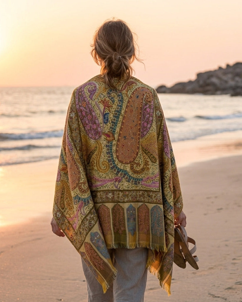 Person wearing a patterned shawl on a beach at sunset