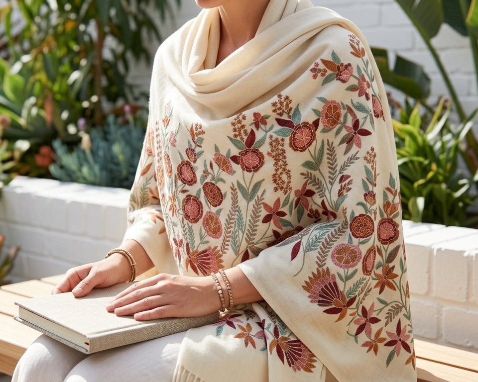 Charming Chinar - Fine Cashmere Wool Shawl with Intricate Silk Embroidery