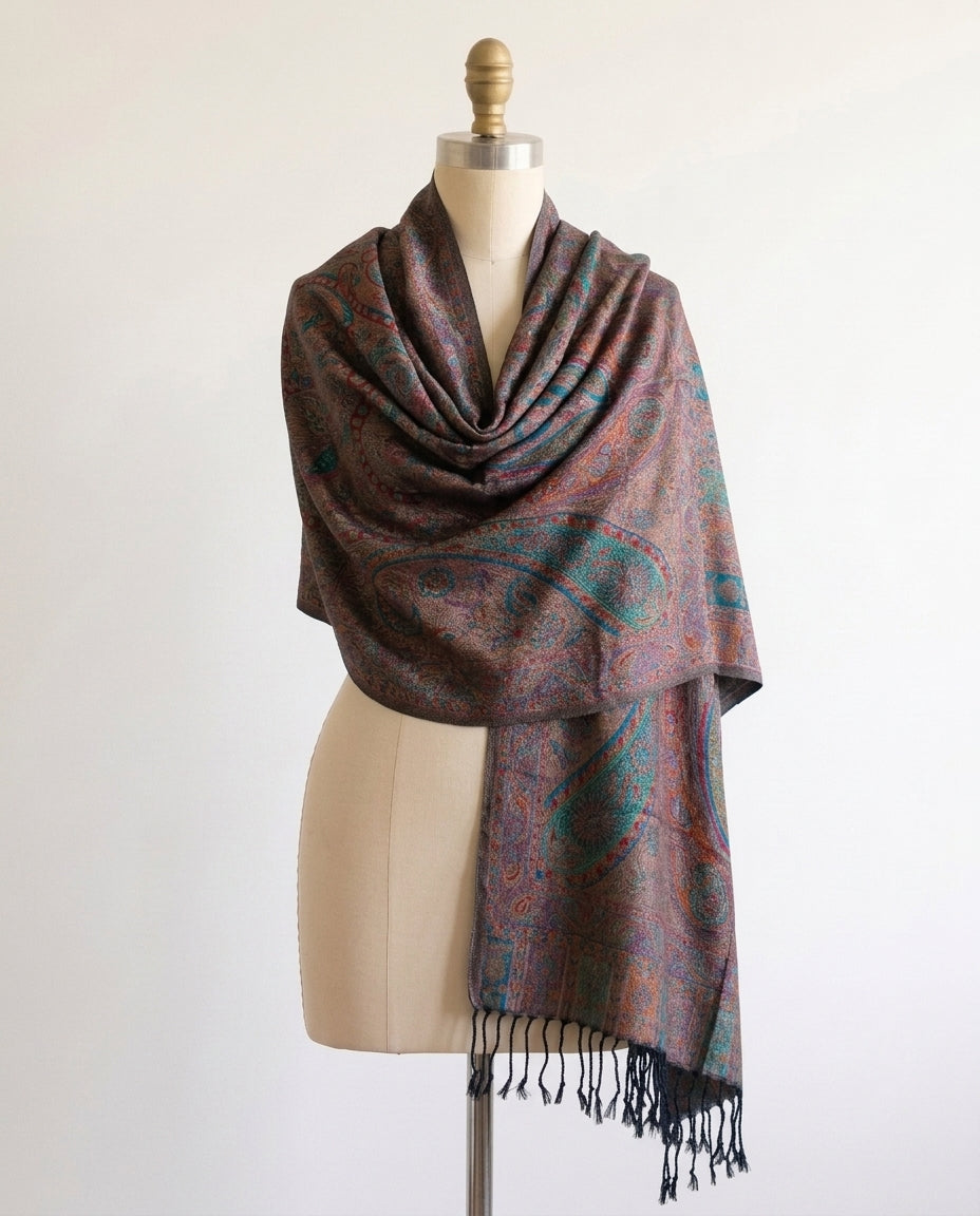 Kashmiri Motif - Reversible Shawl with Intricate Jacquard Kani Weave & Tassels