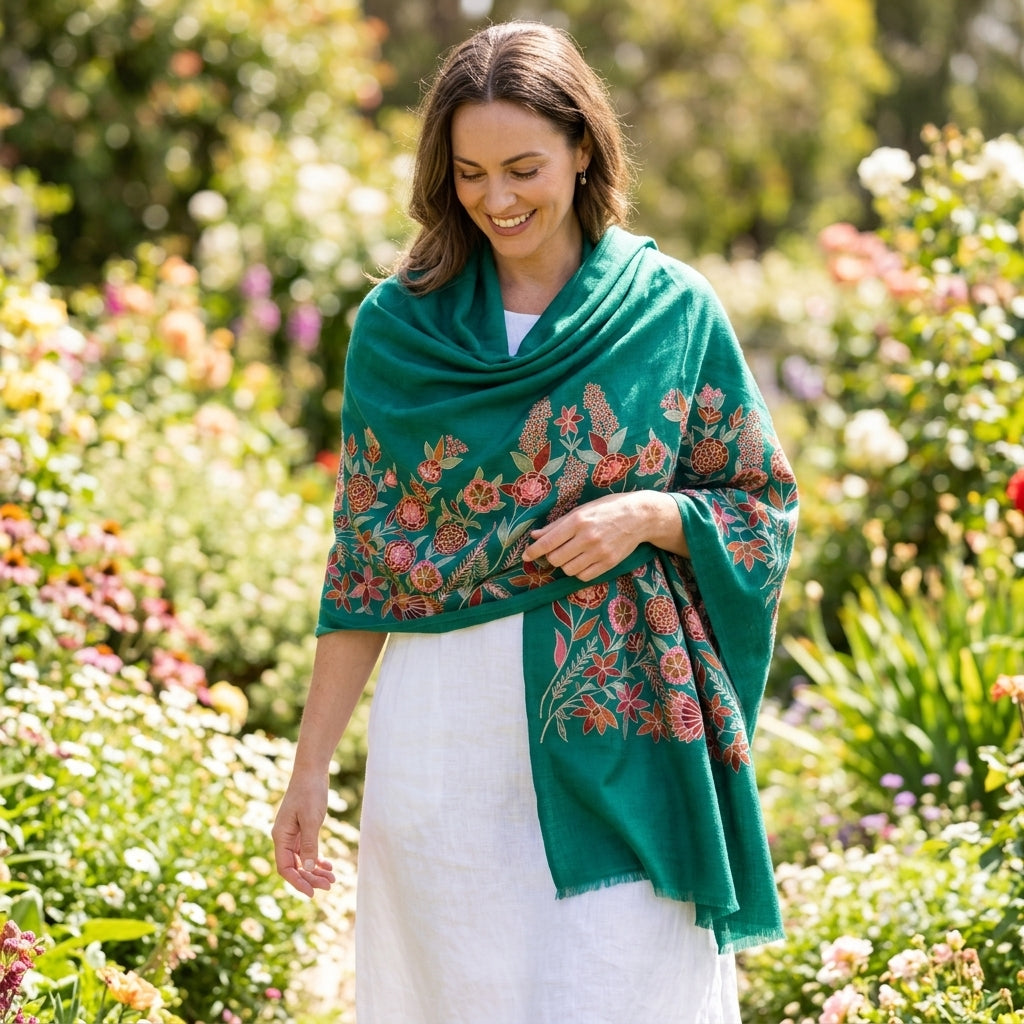 Charming Chinar - Fine Cashmere Wool Shawl with Intricate Silk Embroidery