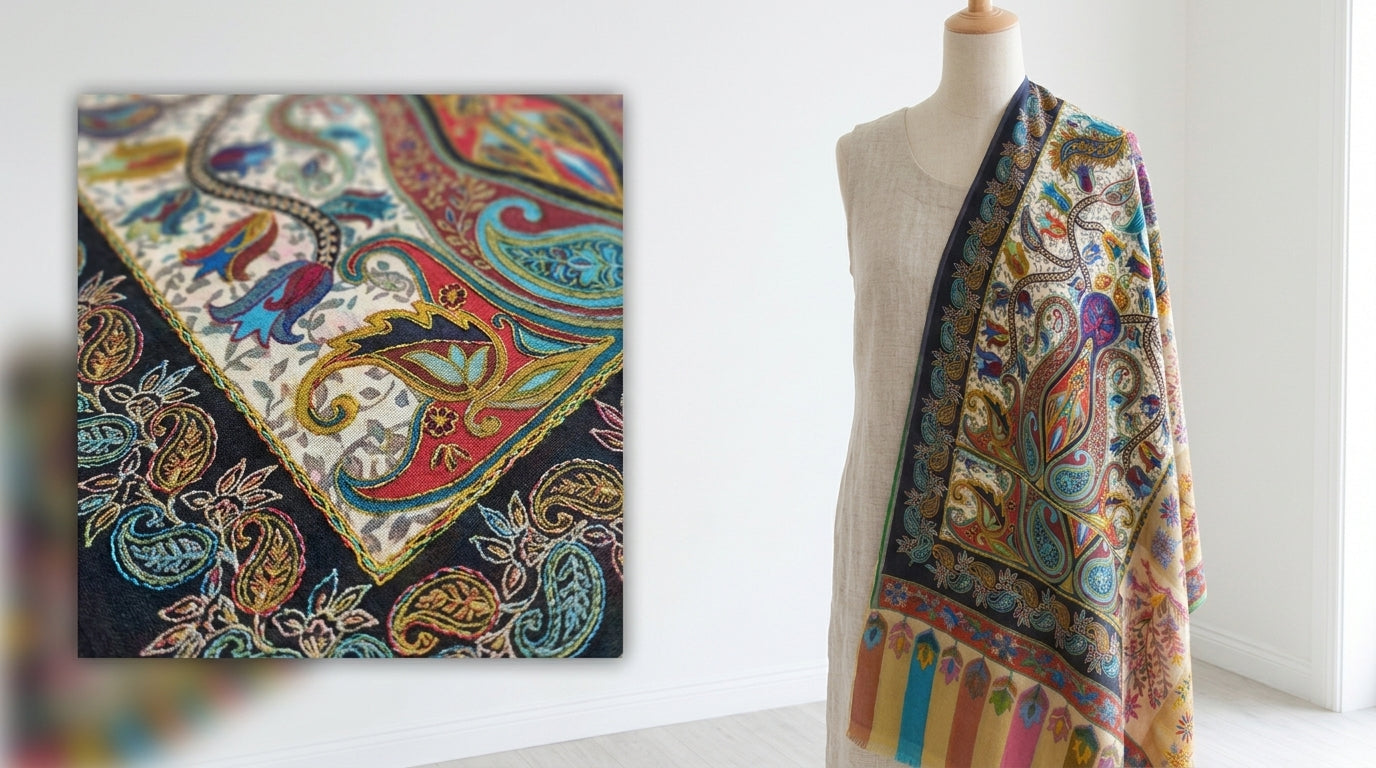 Stunning Kalamkari – Fine Cashmere Wool Shawl with Hand-Block Printing & Embroidery