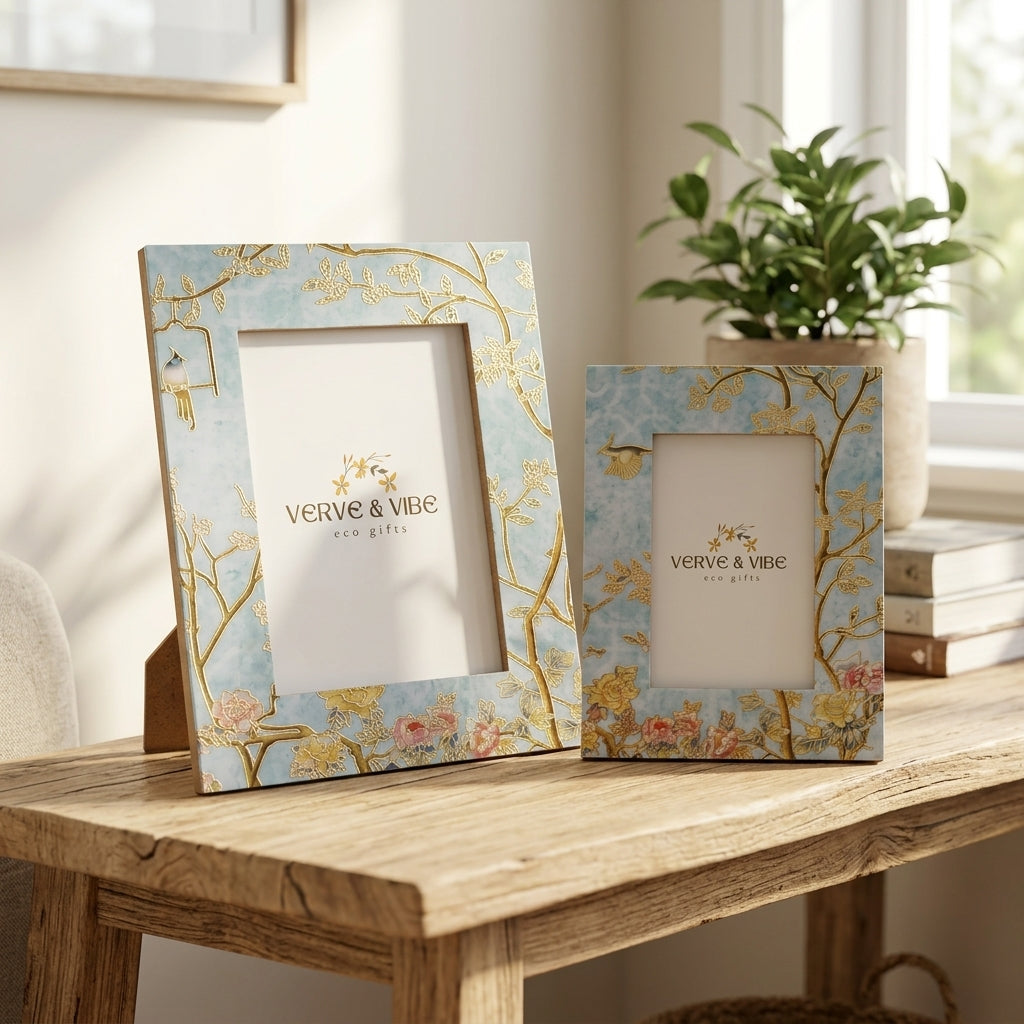Firozi Flora - Luxe Gold Foil Accent, Handcrafted Wood Photo Frame