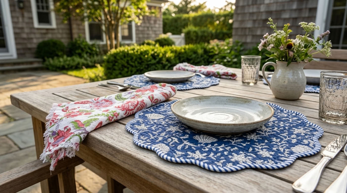 Midnight Botanica - Block Printed, Reversible, Quilted Cotton Placemats