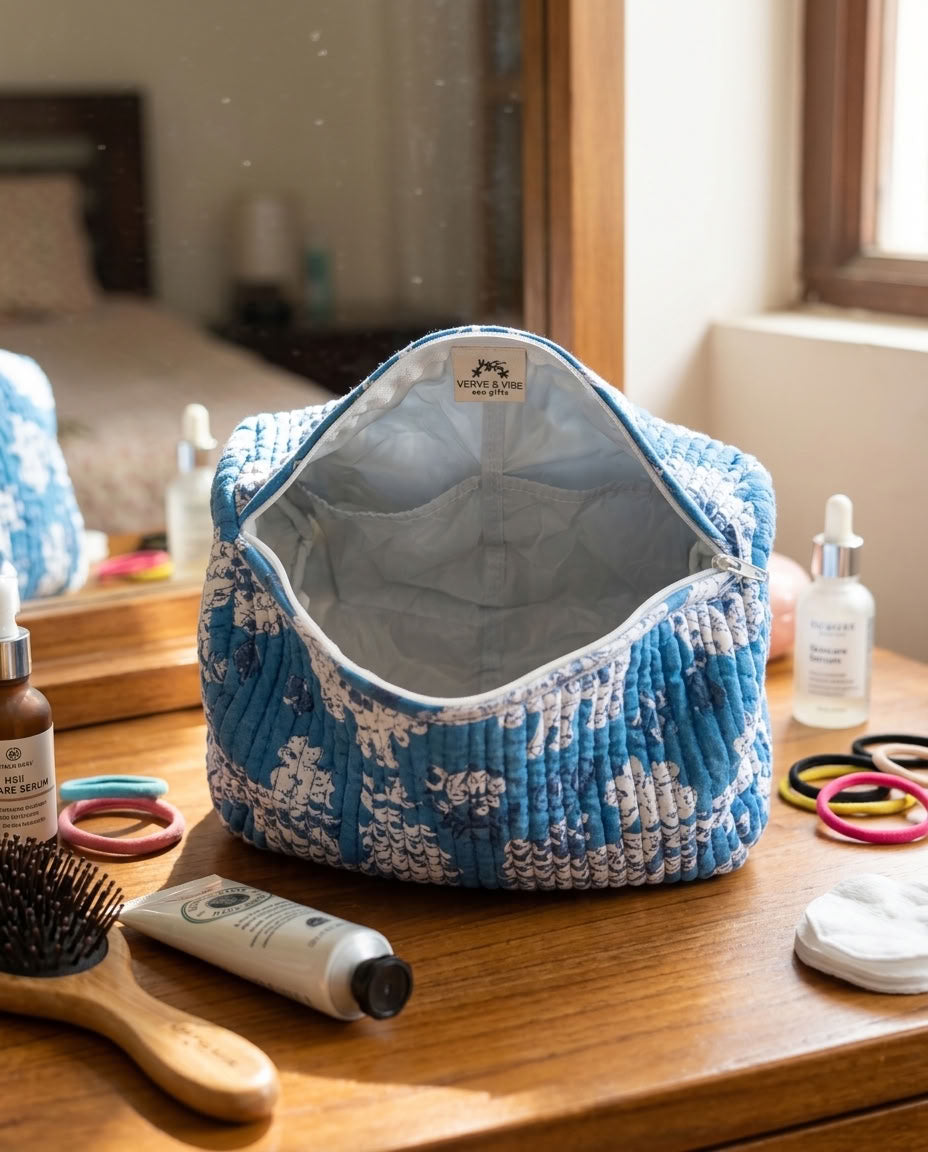 The Mélange - Hand-block Printed Quilted Makeup Bag | Cosmetic Pouch
