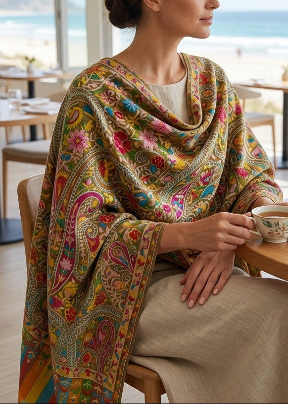 Stunning Kalamkari – Fine Cashmere Wool Shawl with Hand-Block Printing & Embroidery