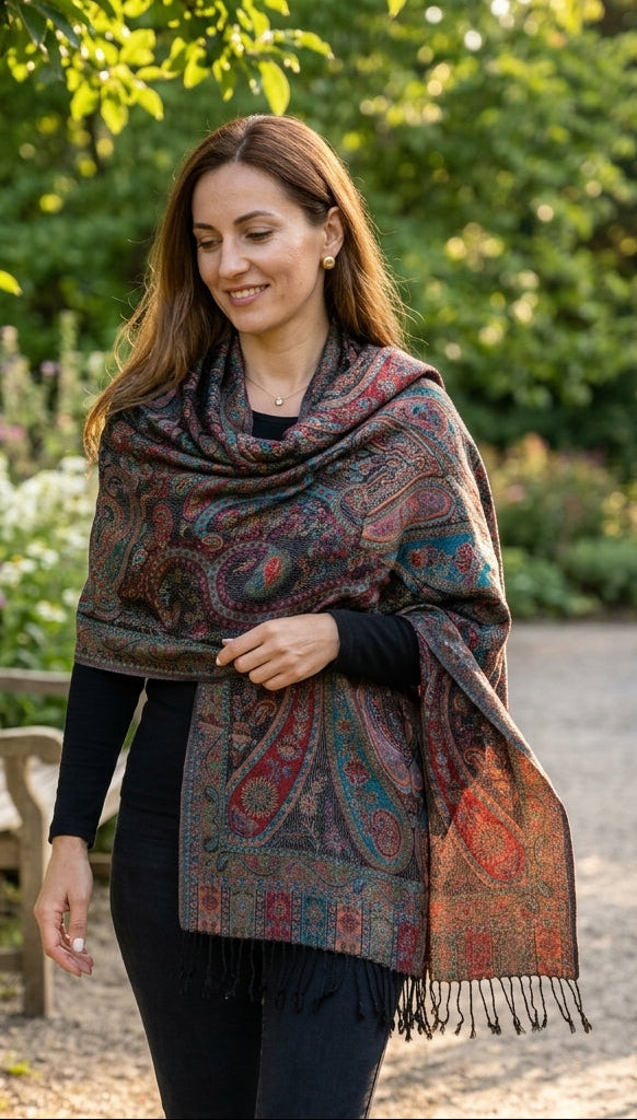 Kashmiri Motif - Reversible Shawl with Intricate Jacquard Kani Weave & Tassels