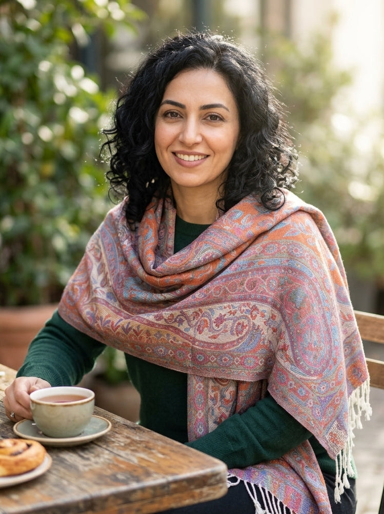 Kashmiri Motif - Reversible Shawl with Intricate Jacquard Kani Weave & Tassels