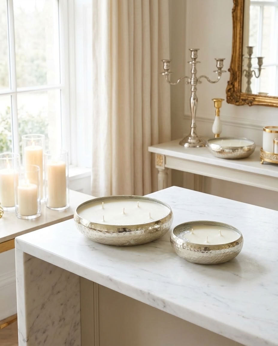 Silver Mist - Luxe Soy Candle in Handcrafted Metal Urli Bowl