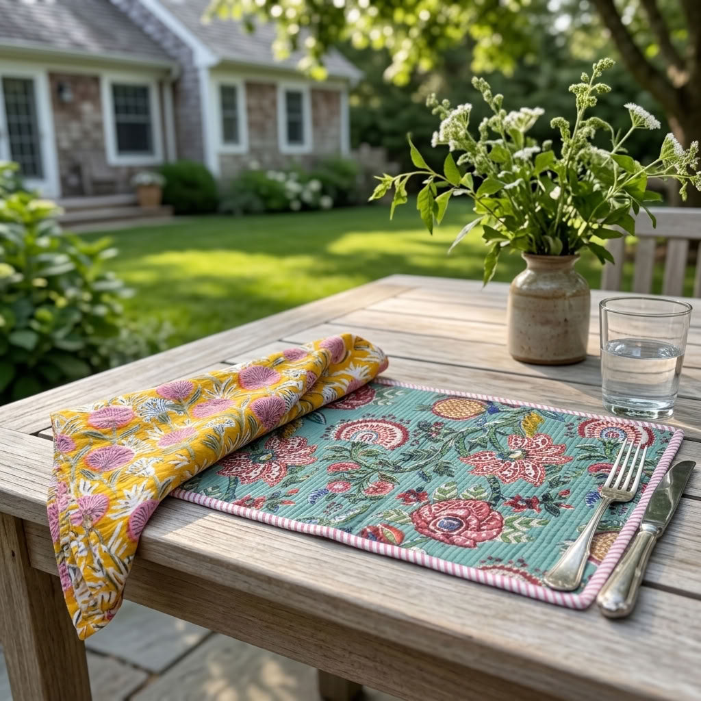 Garden Rhapsody - Block Printed, Reversible, Quilted Cotton Placemats