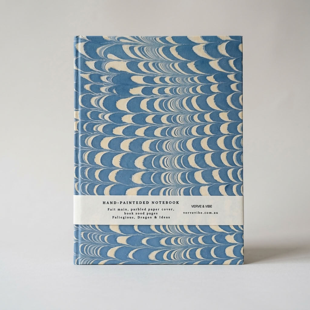 Indigo Crests -  Marbled Cover, Handmade Journal & Notebook