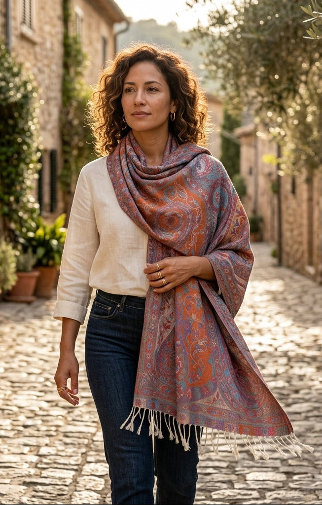 Kashmiri Motif - Reversible Shawl with Intricate Jacquard Kani Weave & Tassels