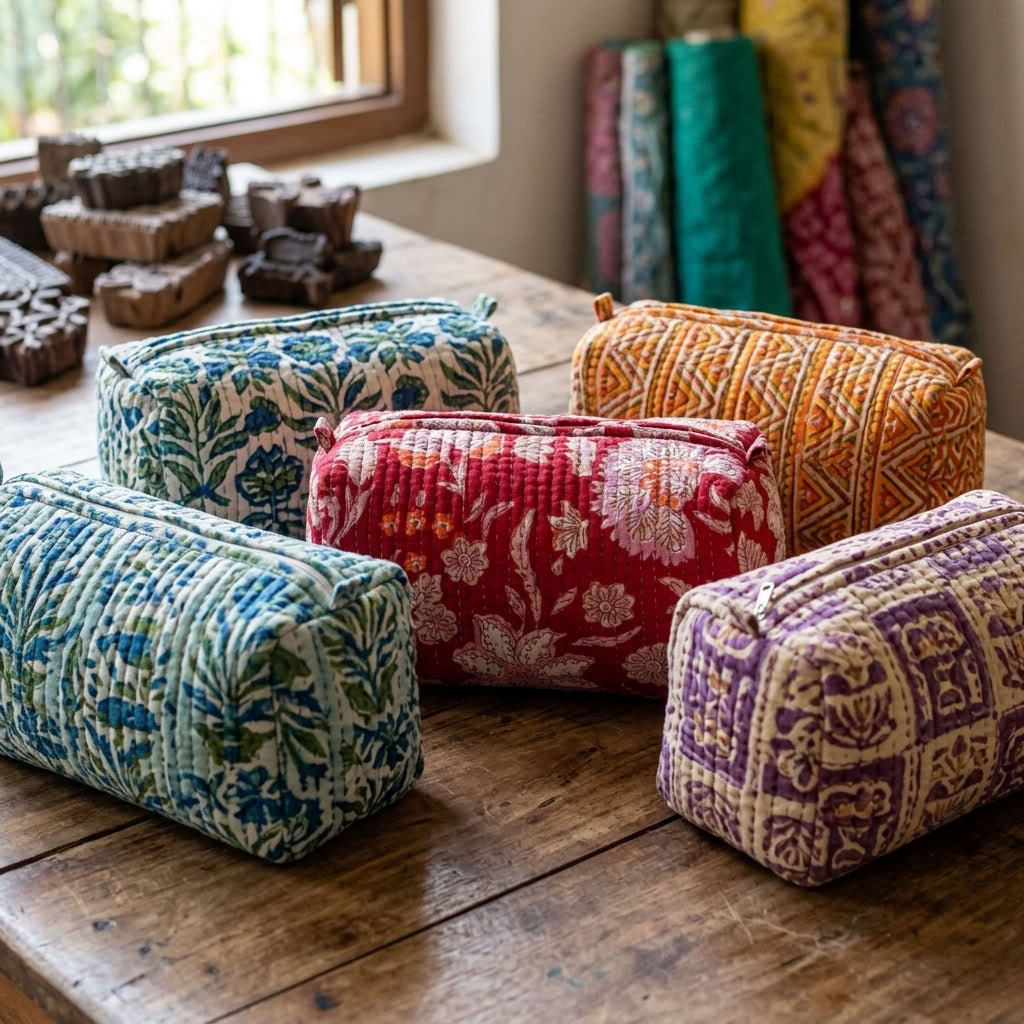Pretty & Practical - Hand Block Printed, Quilted Toiletries Pouch