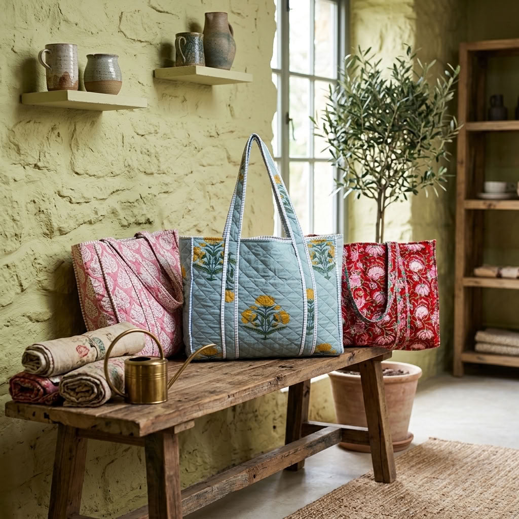 Tote & Bloom - Hand Block Printed Quilted Cotton Totes