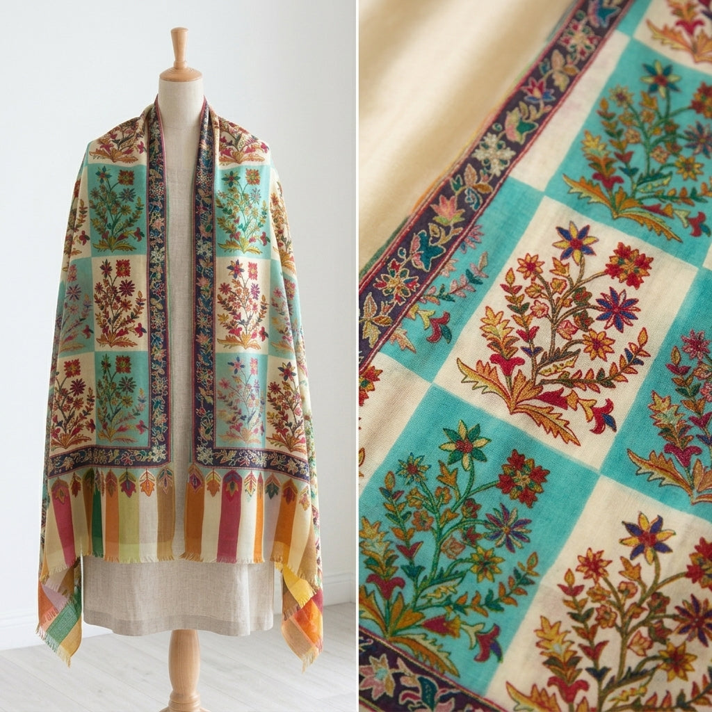 Stunning Kalamkari – Fine Cashmere Wool Shawl with Hand-Block Printing & Embroidery