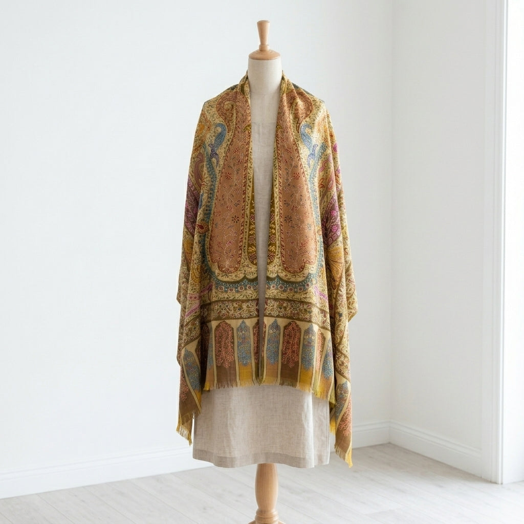 Stunning Kalamkari – Fine Cashmere Wool Shawl with Hand-Block Printing & Embroidery